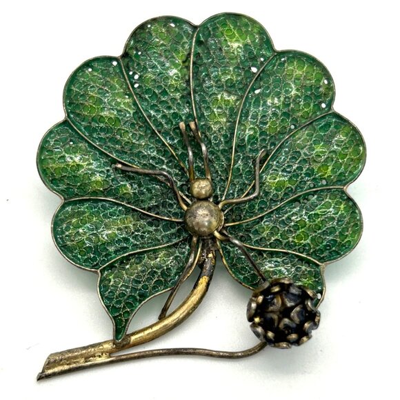 Vintage Art Deco Spider Brooch Green Leaf Flower 800 Silver Gold-tone Wash - Picture 2 of 16